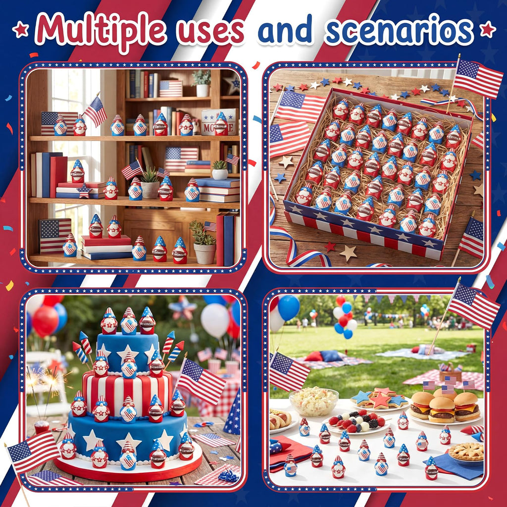 Geelin 60 Pcs Patriotic Gnomes Figurines Mini Red White Blue Gnomes Resin Ornament, Tiny Gnome Table Centerpieces Decorations for 250th Anniversary Independence Day Decor USA Party Favors