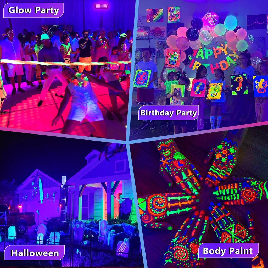 Akpgf 4 Pack 50W Black Light, LED Blacklight Flood Light with US Plug and Switch, Black Lights for Glow Party,Halloween,Body Painting,Birthday Party,Fluorescent Painting and Fluorescent Tapestry