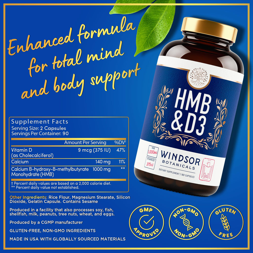 HMB and Vitamin D3 Supplement - Muscle Growth, Strength, Performance and Recovery Support - B-Hydroxy B-Methylbutyrate, D3 Plus Calcium, 1,000 MG HMB Supplements - 180 Days, 360 Capsules
