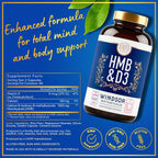 HMB and Vitamin D3 Supplement - Muscle Growth, Strength, Performance and Recovery Support - B-Hydroxy B-Methylbutyrate, D3 Plus Calcium, 1,000 MG HMB Supplements - 180 Days, 360 Capsules