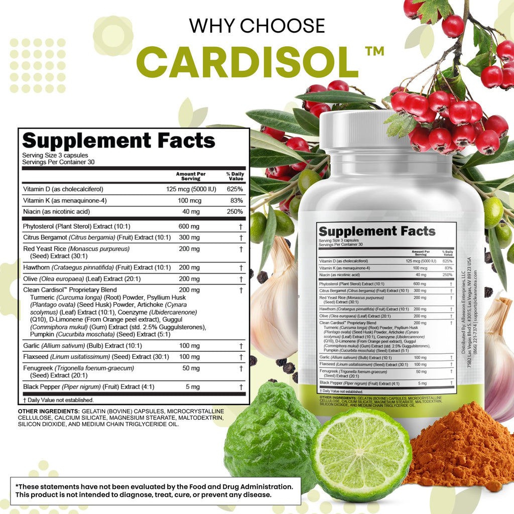 Clean Nutraceuticals Citrus Bergamot Red Yeast Rice Capsules with Plant Sterols - with Hawthorn Extract Olive Leaf Niacin Vitamin K3 D3 COQ10 Guggul & More