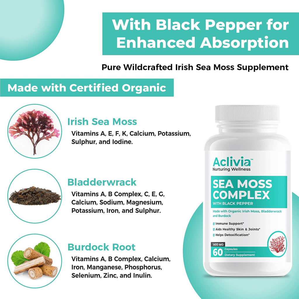 Aclivia - Organic Irish Sea Moss Capsules with Bladderwrack & Burdock Root - 102 Minerals Sea Moss Supplement - Thyroid Support, Immune Boost - Non-GMO (60 Count)