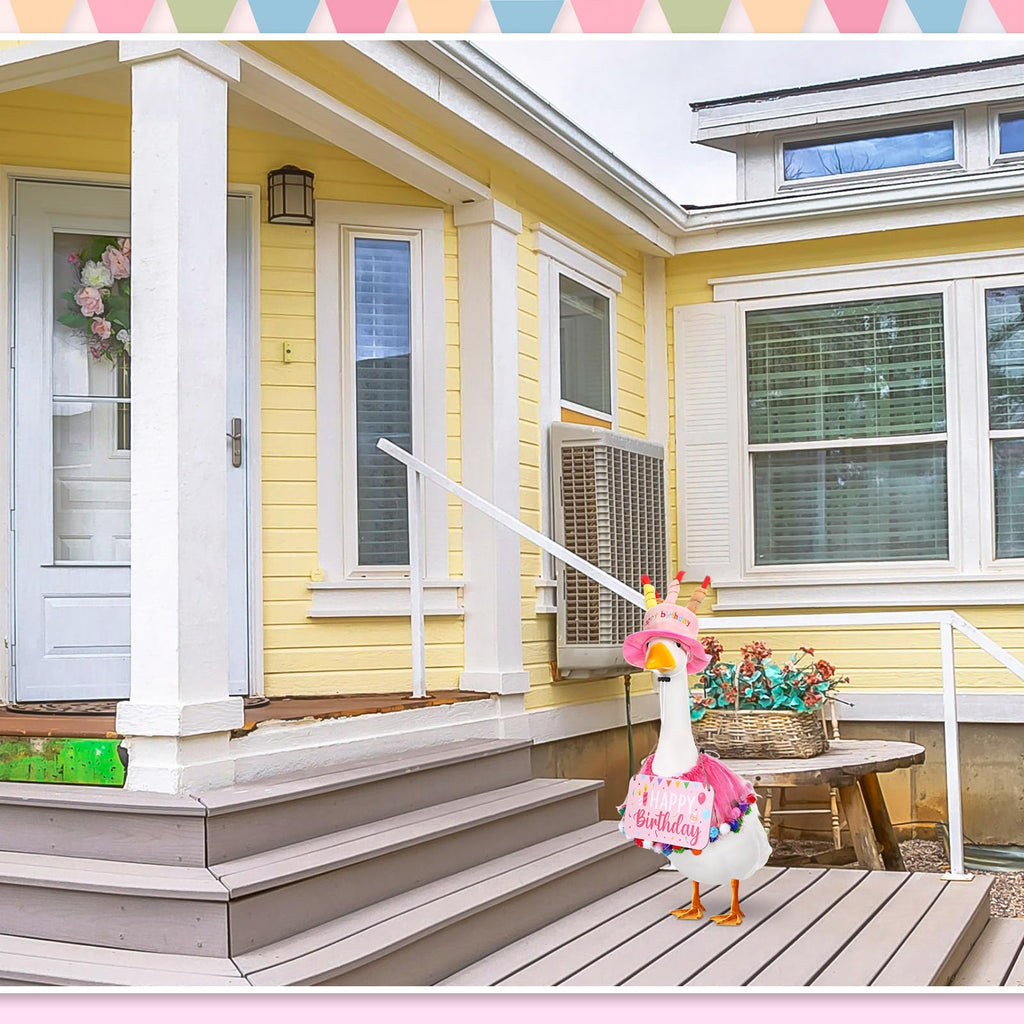 Memorywuu Happy Birthday Porch Goose Outfit Lawn Goose Cloth Costume for 23" Cement Plastic Patio Yard Statue Outdoor(Pink,Tutu Skirt)