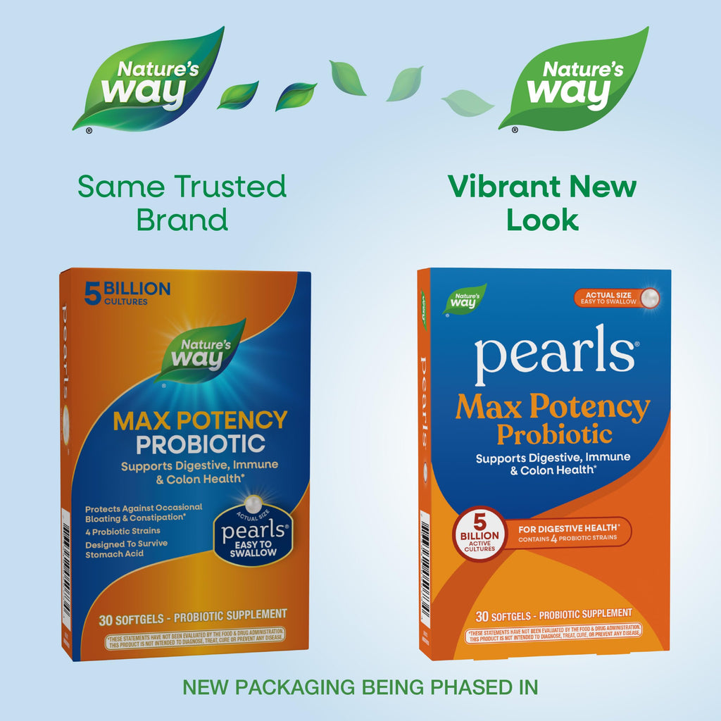 Nature's Way Pearls Max Potency Probiotic for Men and Women, Supports Digestive, Immune, Colon Health*, 5 Billion Live Cultures, No Refrigeration Required, 30 Softgels
