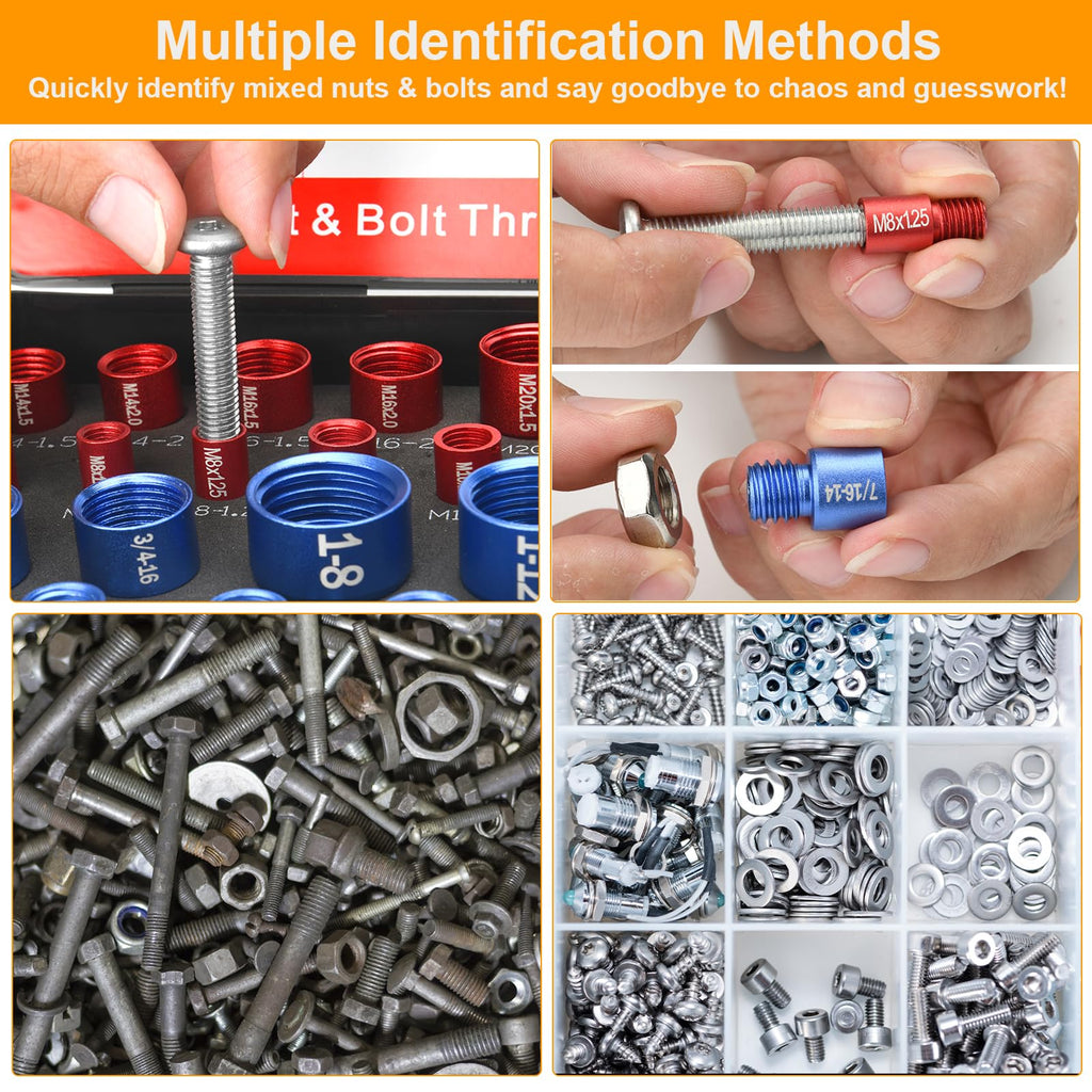 Comfylichi 66 Pcs Nut and Bolt Thread Checker - 34 Standard & 32 Metric, Detachable Bolt Size Finder Tool, Screw and Nut Identifier Thread Gauge Especially for Tight Spaces