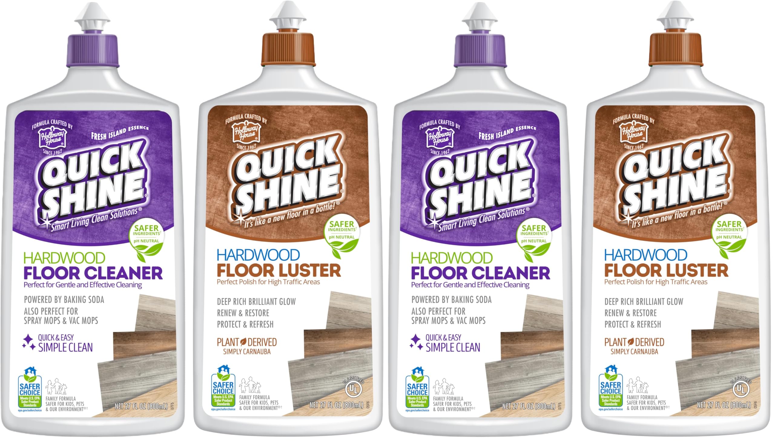Quick Shine Hardwood Floor Cleaner & Wood Floor Polish w/Plant-Derived Carnauba 27oz Bottles,Removes Scratches,Safer Choice,A Clean That Can Be Seen,(Pack of 4)