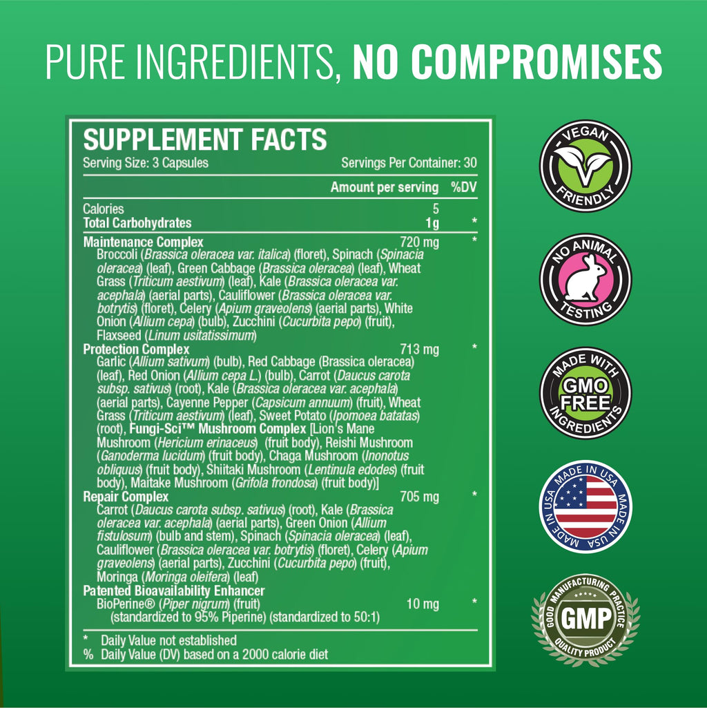 Approved Science Fruits & Veggies - 42 Whole Fruit and Veggie Supplement - Enhanced Health & Vitality - Daily Natural Vitamins, Minerals, Antioxidants - 180 Capsules Each - 2-Month Supply