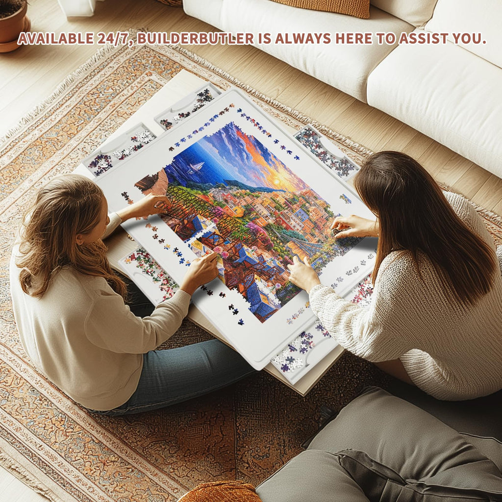 BuilderButler Lightweight 1500 Pieces Rotating Puzzle Board with 6 Sliding Drawers and Cover – 360° Lazy Susan Spinning, 34.25"x26.38" Portable Plastic Puzzle Table, for Mom