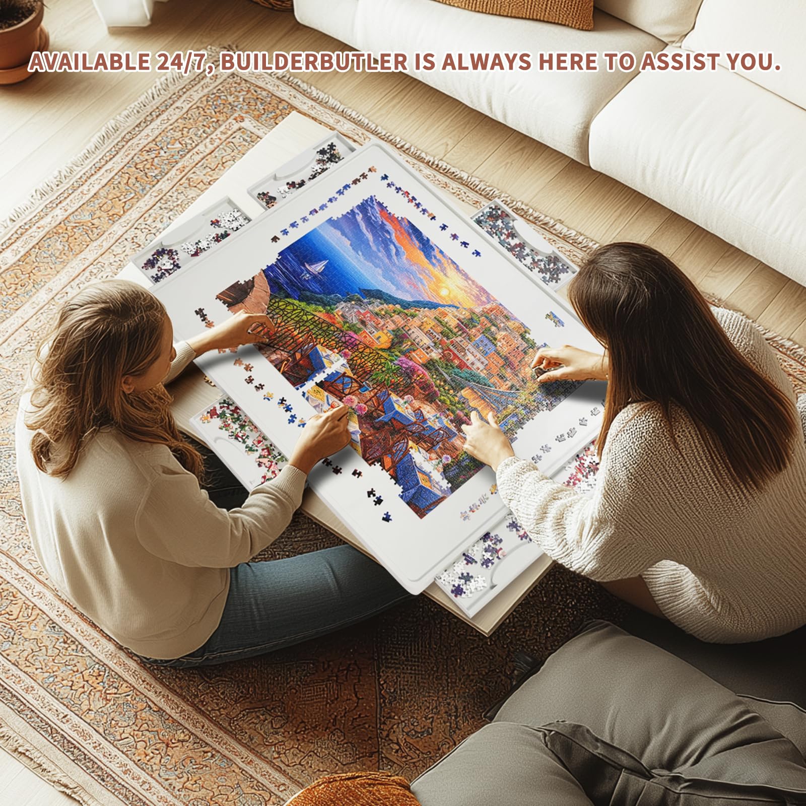 BuilderButler Lightweight 1500 Pieces Rotating Puzzle Board with 6 Sliding Drawers and Cover – 360° Lazy Susan Spinning, 34.25"x26.38" Portable Plastic Puzzle Table, for Mom