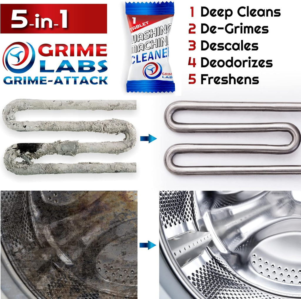GRIME LABS Washing Machine & Dishwasher Cleaner Tablets Bundle – 12-Month Supply | Deep Cleaning & Deodorizing Tablets for Dishwashers & Washing Machines | 48-Tablet Set – Value Pack