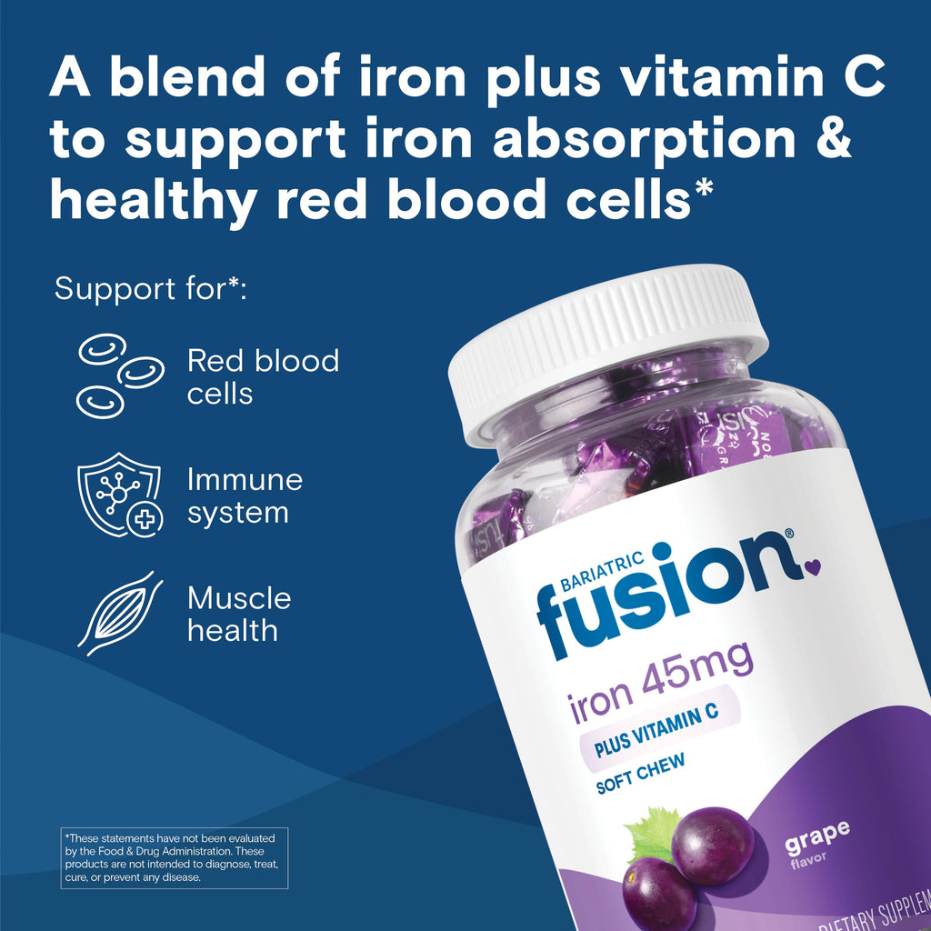 Bariatric Fusion Iron Supplement for Women Anemia | Chewable Iron with Vitamin C | Grape Flavored Soft Chew | Gentle on Stomach Ferrous Fumarate for Women and Men | Gluten Free | 60 Count