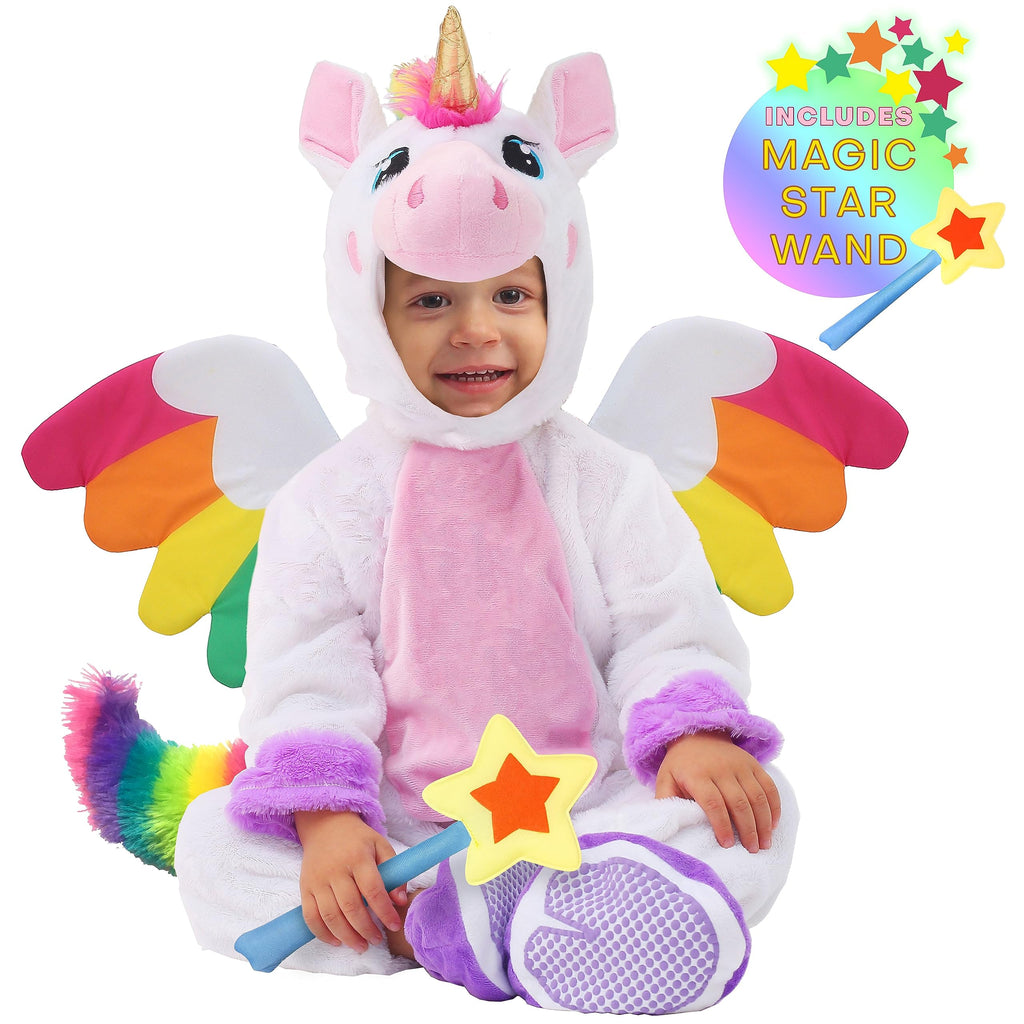 Spooktacular Creations Halloween Unicorn Costume, Jumpsuit with Wings and Star Wand for Kids Halloween Dress Up Party (Small (5-7 yrs))