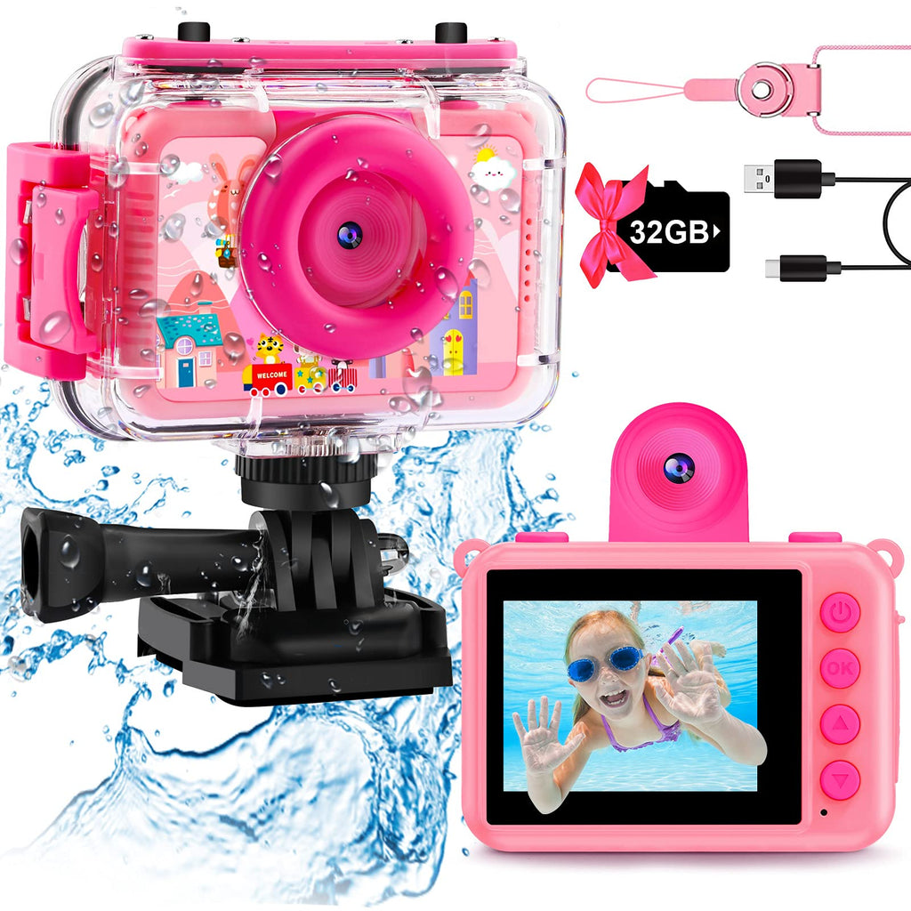 GKTZ Kids Waterproof Underwater Camera 1080P 4X Zoom 2"IPS Screen 32GB Card