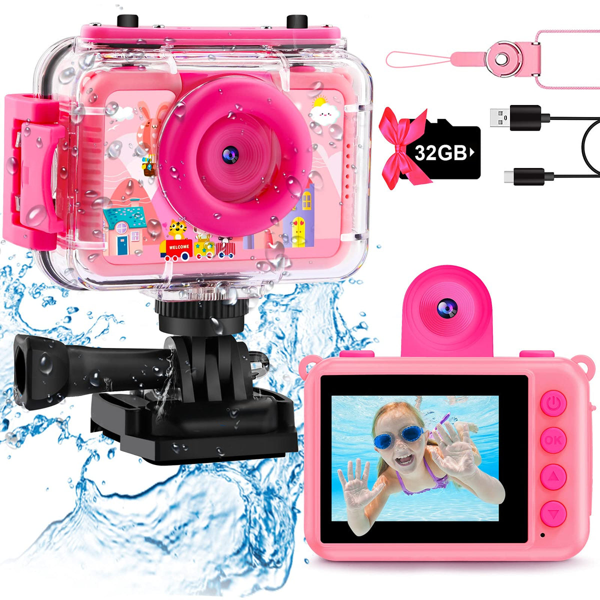 GKTZ Kids Waterproof Underwater Camera 1080P 4X Zoom 2"IPS Screen 32GB Card
