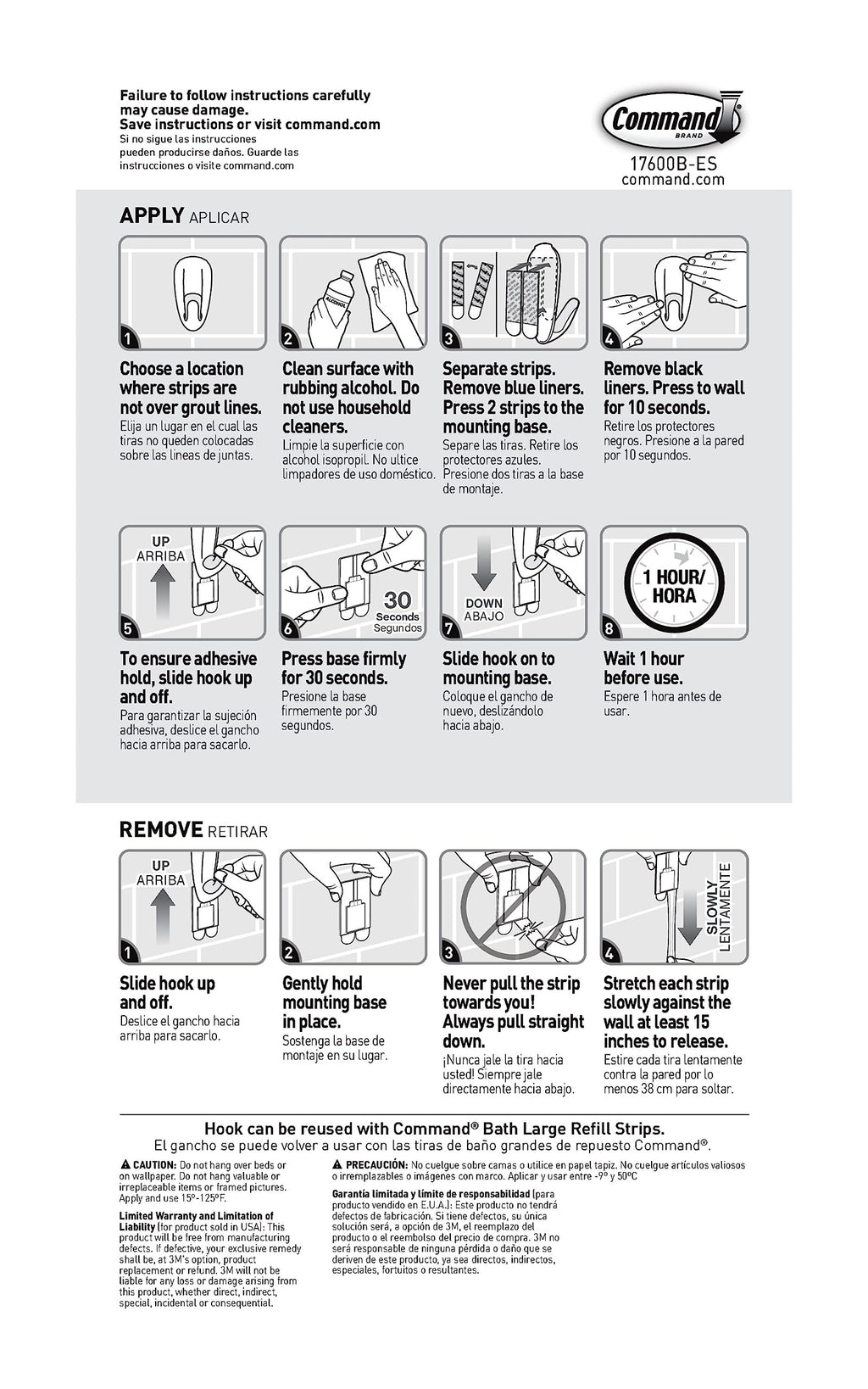 Command Large White Bath Hooks, 1 Hook, 2 Strips