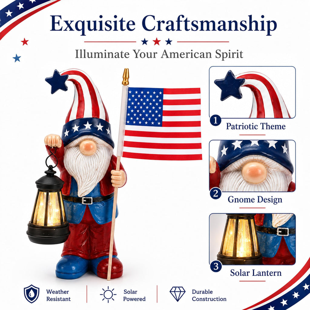 Nacome Solar Patriotic Gnomes Statues with Flag for Garden Decor