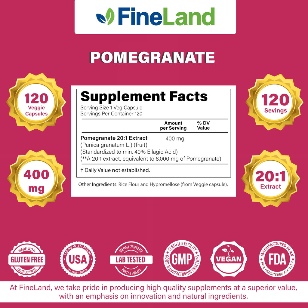 FineLand Pomegranate Extract 20:1, 40% Ellagic Acid Standardized, Antioxidant Supplement for Cellular & DNA Health, 120 Veg Capsules, 4-Month Supply