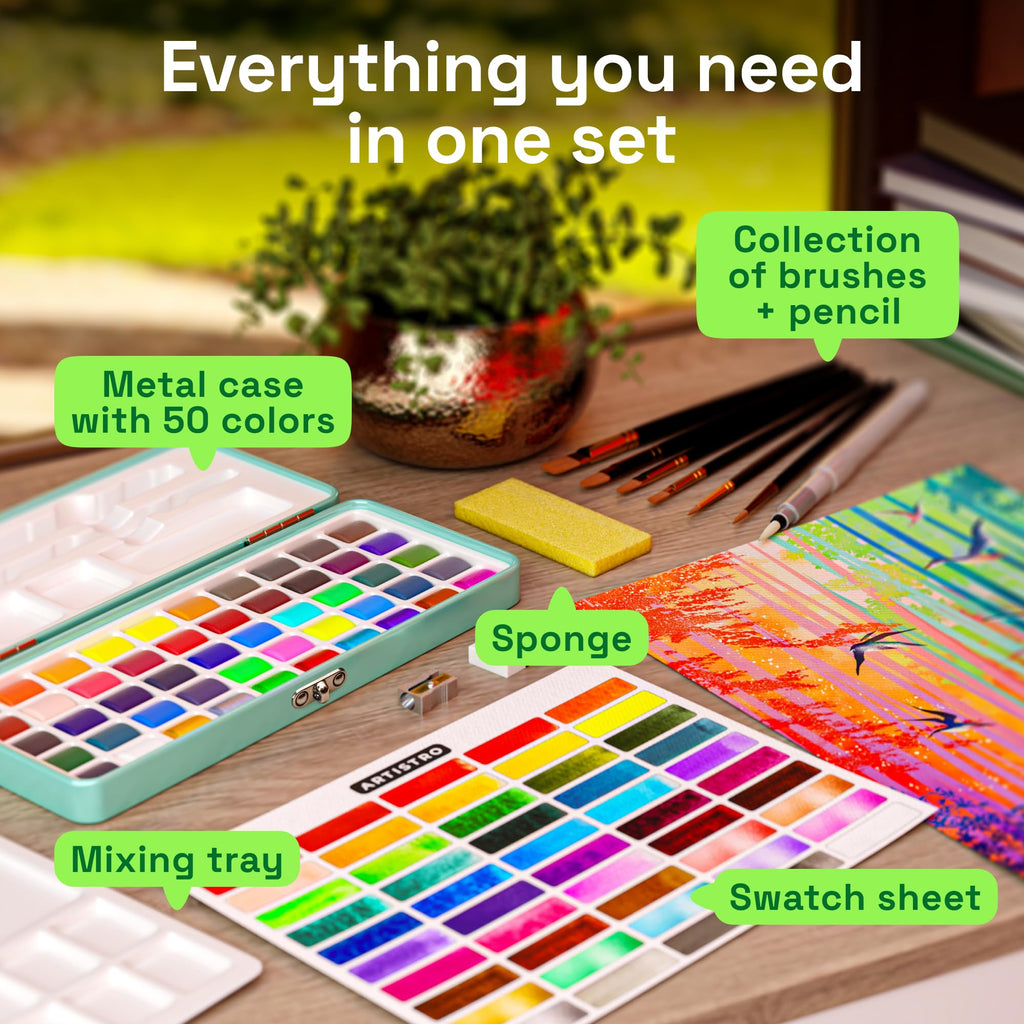 ARTISTRO 50 Colors Watercolor Paint Set with Palette & Brush Pens