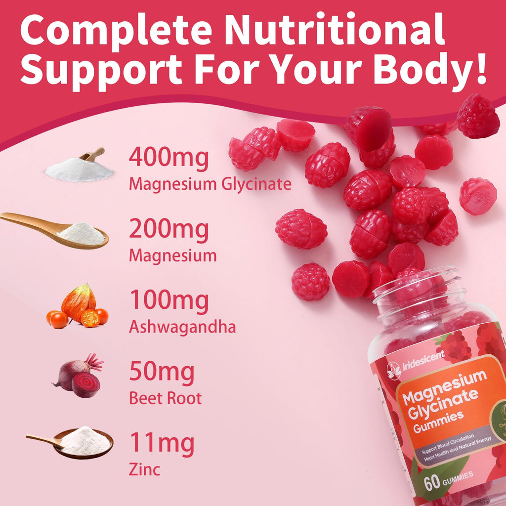 IRIDESICENT Magnesium Glycinate Gummies 400mg, Sugar Free Magnesium Supplement w/Ashwagandha, Zinc, Vegan Magnesium Glycinate Supplement for Adults - 120 Cherry Gummies