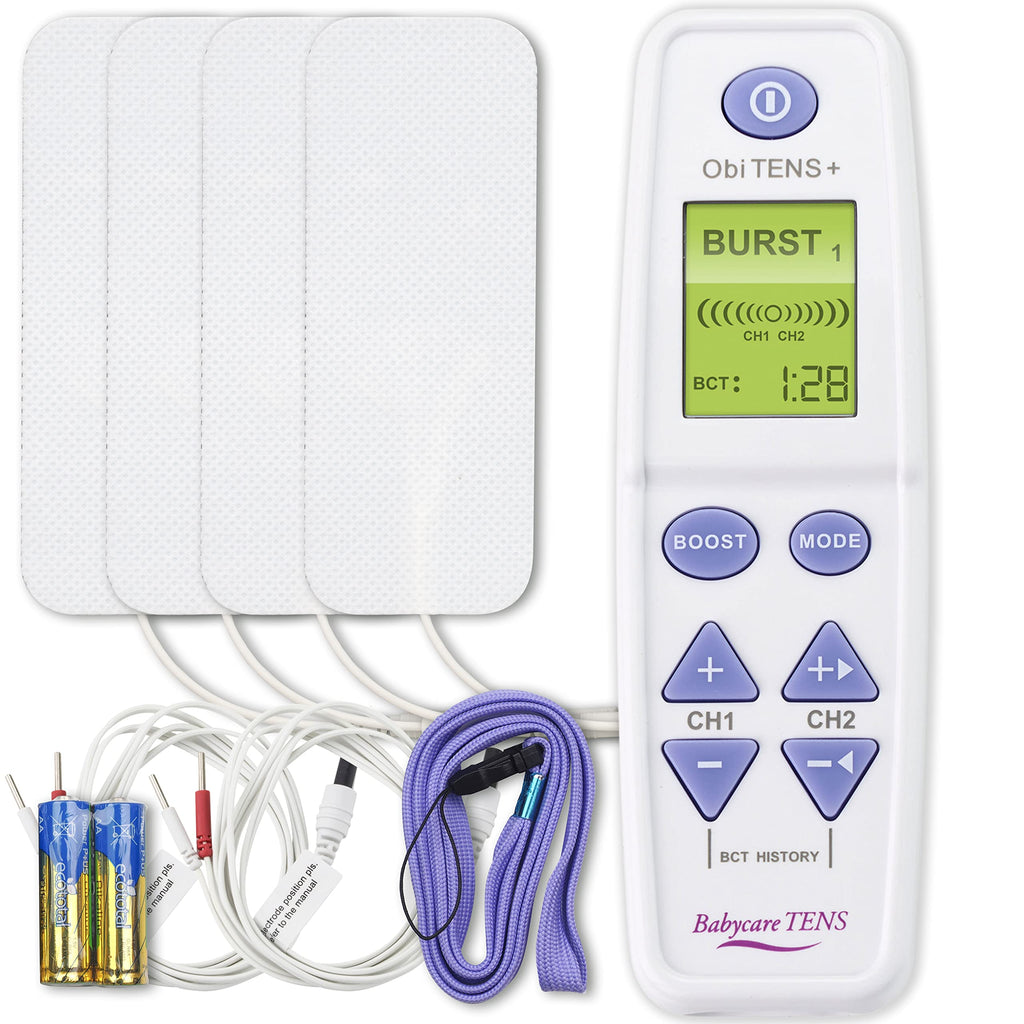 Babycare TENS OBI TENS Plus, Maternity TENS Machine for Pain Relief During Labour & Childbirth | 2 Programmes | Integrated Boost Button | Contraction Timer | 4 Large Pads