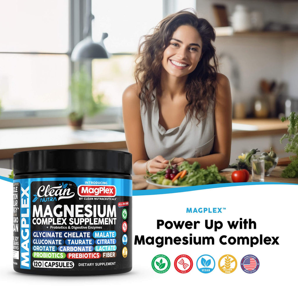 8in1 Magnesium Supplement Complex | Magnesium Glycinate Citrate Malate Gluconate Orotate Carbonate Lactate + Prebiotics Probiotics Digestive Enzymes Magnesio Capsules for Women Men by Clean Nutra