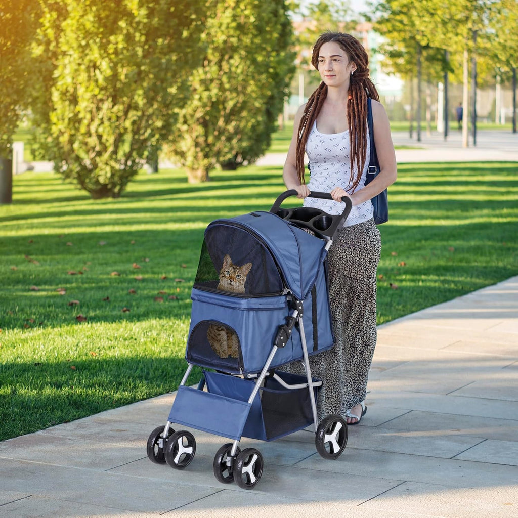 LEMY Pet Stroller,4 Wheels Dog Cat Stroller with Storage Basket&Cup Holder,Folding Dog Cat Cage Jogger Strollers for Small Medium Dogs Cats Travel,Navy Blue