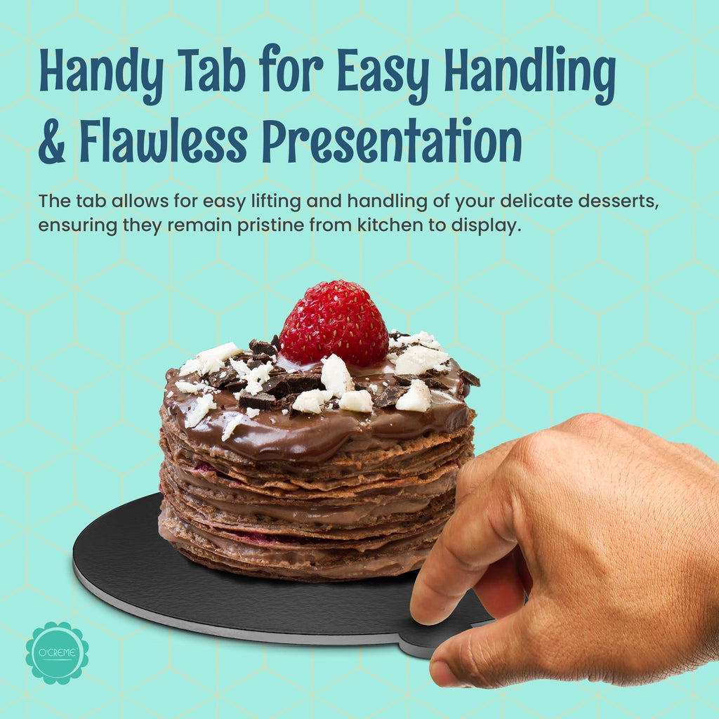 O'CREME Black Round Mini Cake Boards with Tab – 4 Inch Grease-Proof, Foil-Covered, Food Grade Cardboard for Cupcakes, Pastries, Desserts - Ideal for Wedding, Anniversary, Birthday Parties, 100 Count