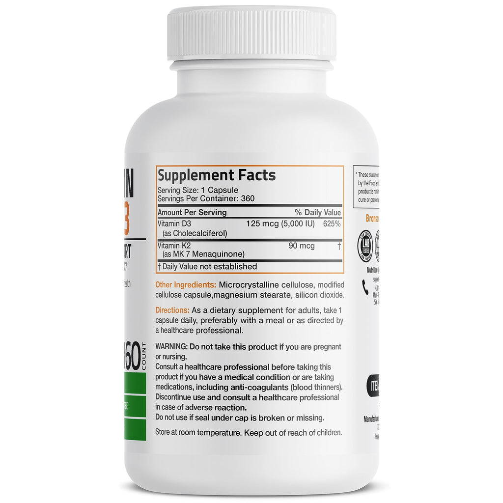 Bronson Vitamin K2 D3 (MK7) Supplement 2-in1 D3 & K2 Complex, 360 Capsules