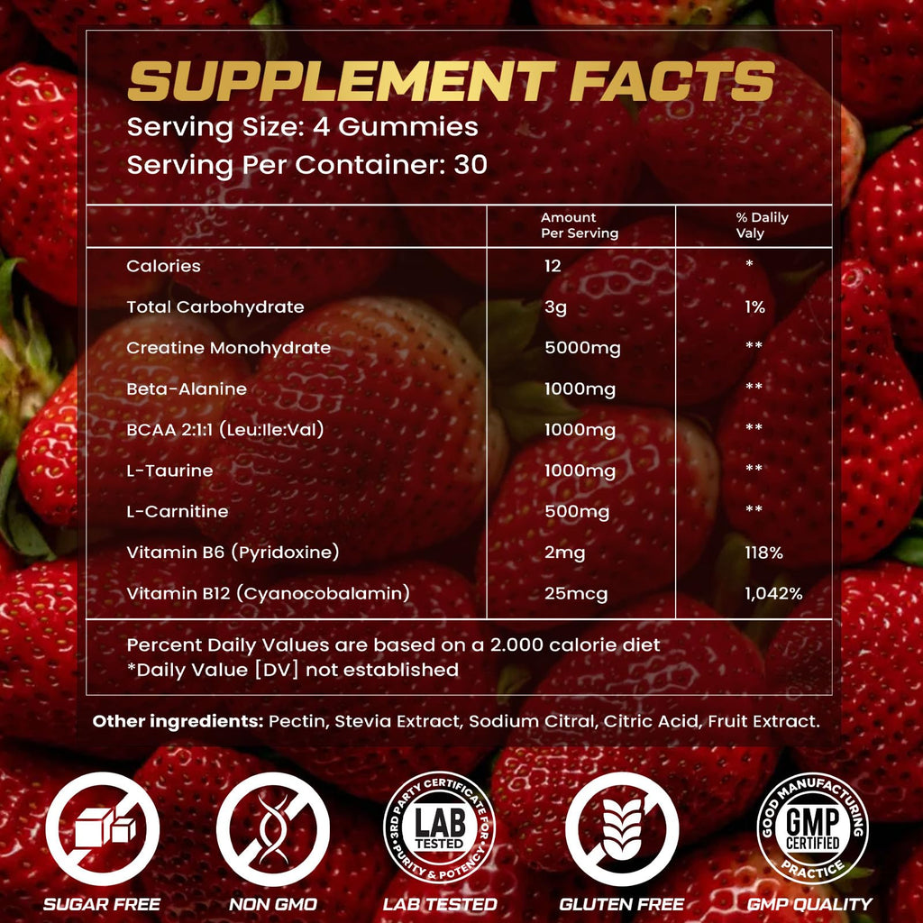 ZyterX Creatine Monohydrate Gummies for Men & Women, 9000MG Creatine Gummies Sugar Free with L-Taurine, BCAA 2:1, B12 B6 for Boost Strength, Focus & Endurance, Vegan, Non-GMO, Strawberry, 120pcs