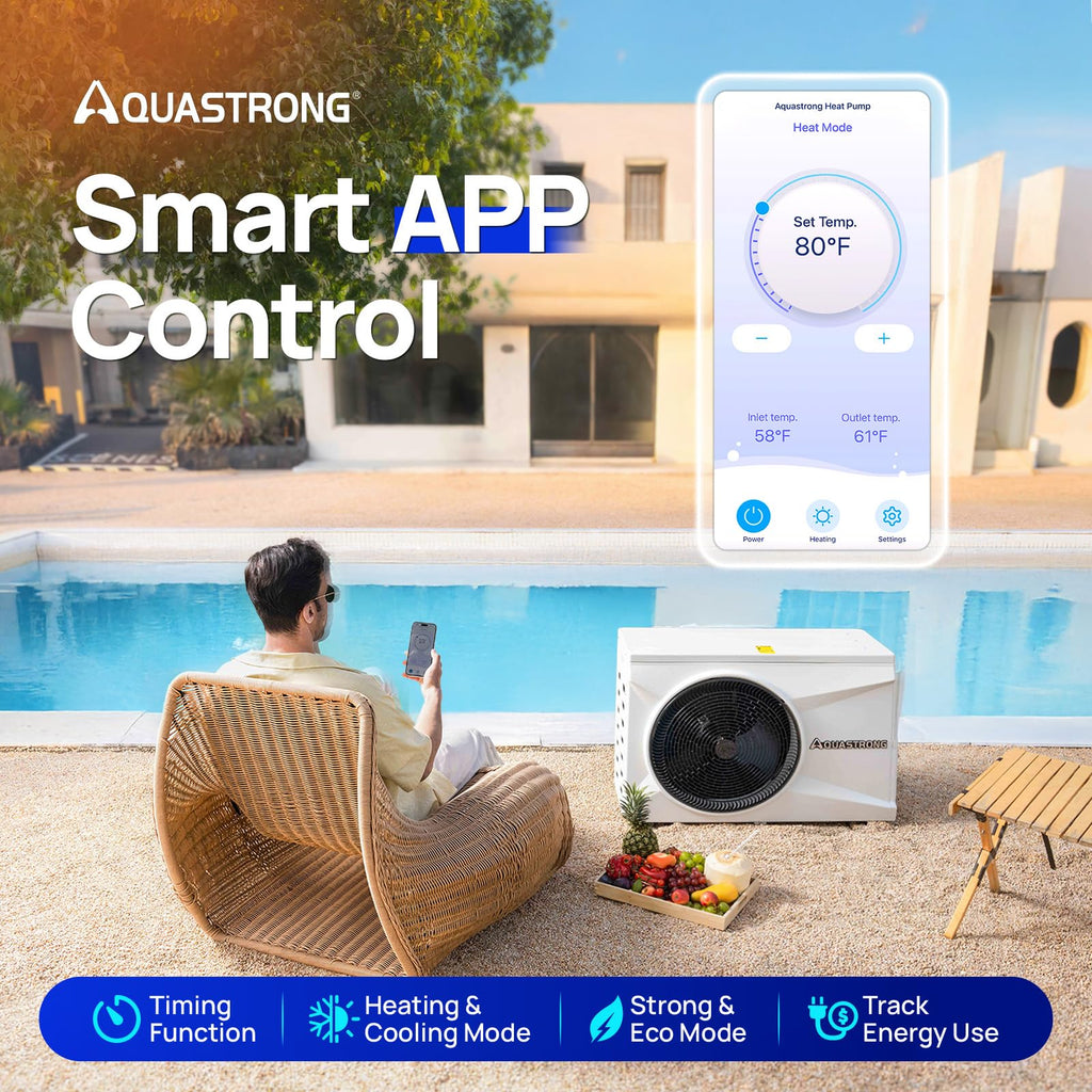 AQUASTRONG Inverter Swimming Pool Heat Pump,Pool Heater for Above Ground and Inground Pool Heating Smart WiFi Control and Cooling Pool Heater Pools Up to, 26000 Gallons
