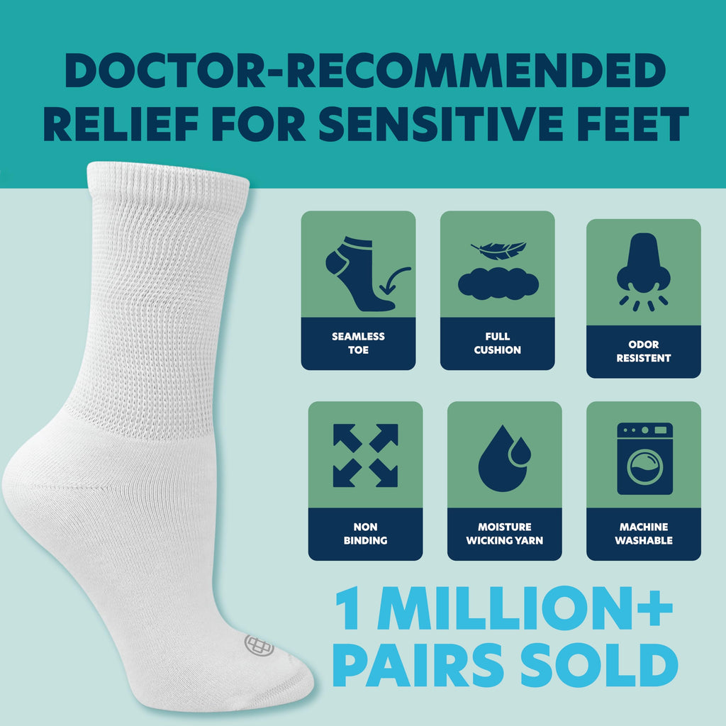 Doctor's Choice Diabetic Socks for Men, Seamless Crew Socks with Non-Binding Top, Provides Extra Comfort for Gout, 4-Pairs, White, X-Large, Size 12-15