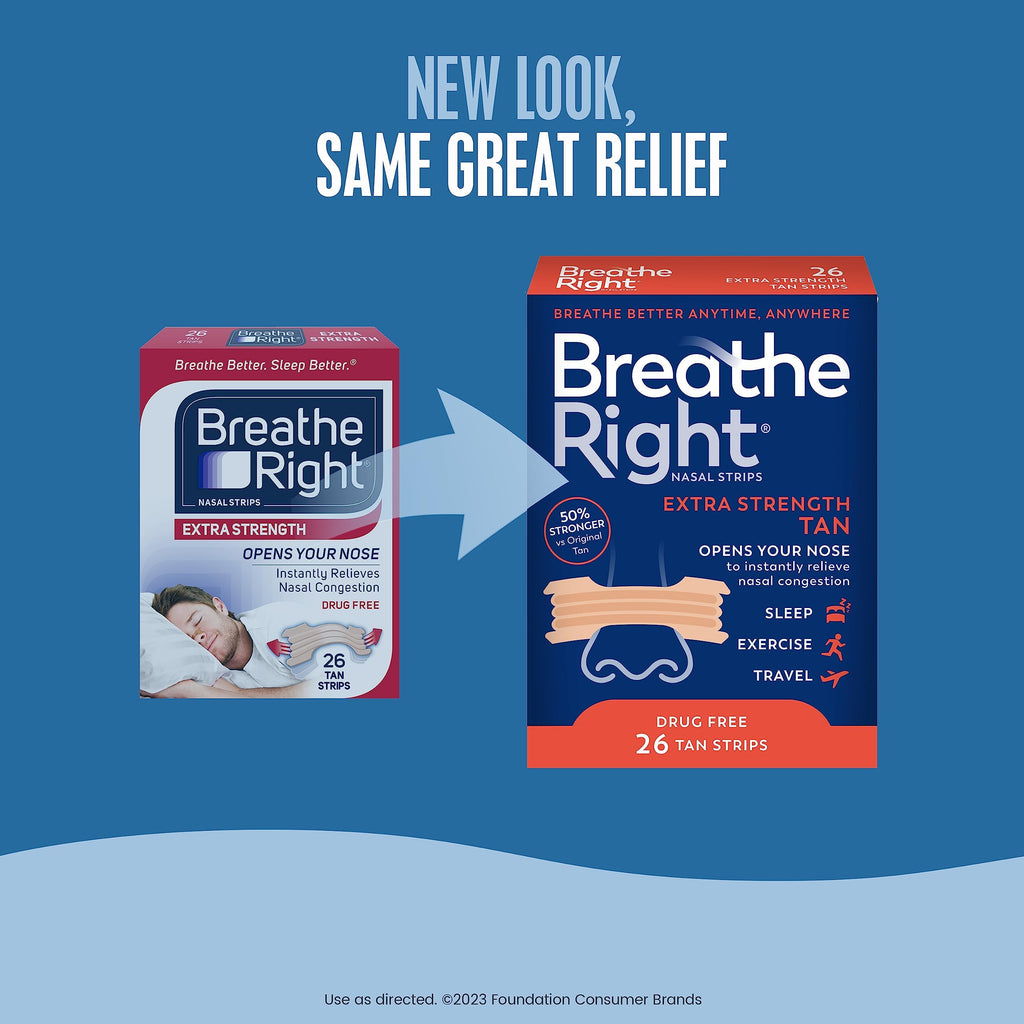 Breathe Right Nasal Strips, Extra Strength Tan Nose Strips, Drug-Free Nasal Congestion Relief for Better Breathing, Help Relieve Snoring, Caused by Colds & Allergies, Deviated Septum, 26ct