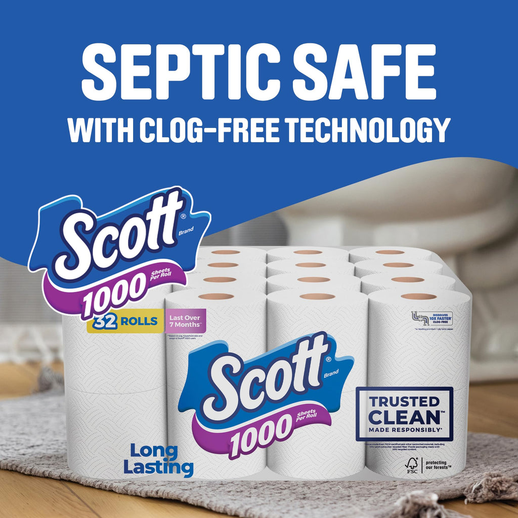 Scott 1000 Trusted Clean Toilet Paper, 32 Rolls, Septic-Safe, 1-Ply Toilet Tissue