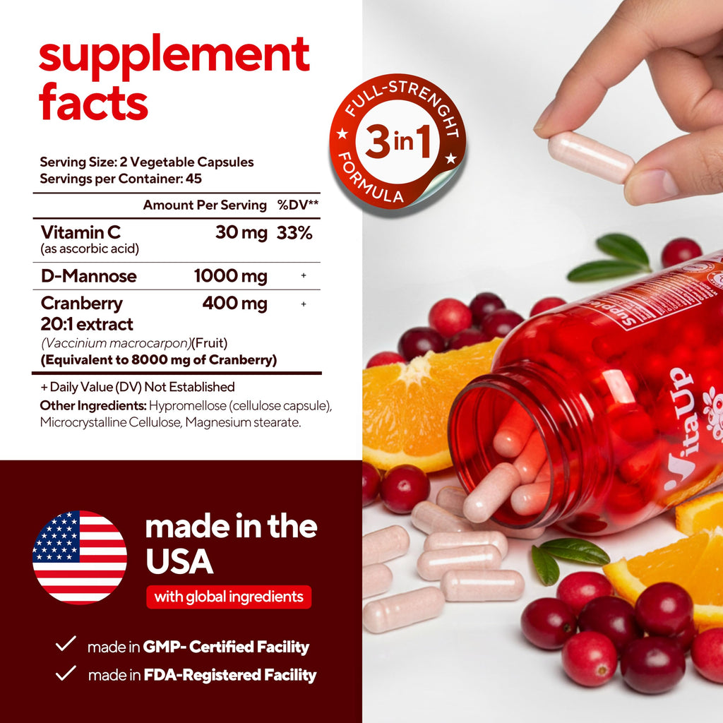 VitaUp D mannose with Cranberry and Vitamin C - USA Made D-mannose 1000mg Capsules - Cranberry Pills for Urinary Tract & Bladder, Immune Support - 90 Count
