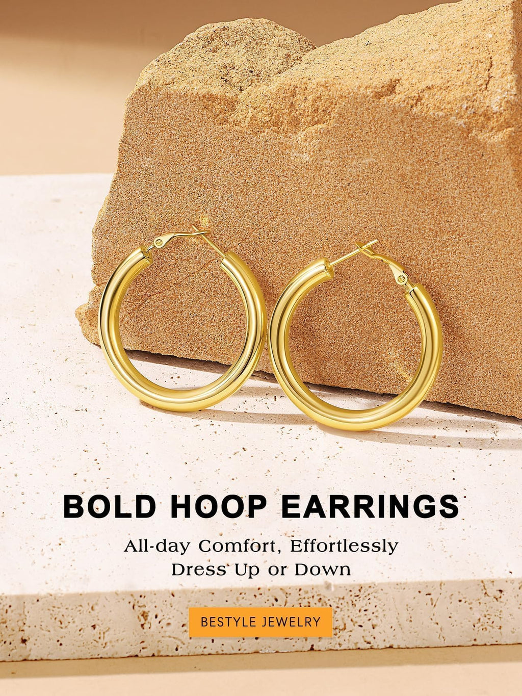 Bestyle 5mm Thick Gold Hoop Earrings Lightweight Chunky Hoop Earrings Hollow Tube Hypoallergenic Trendy Stainless Steel Eearrings for Women 40mm