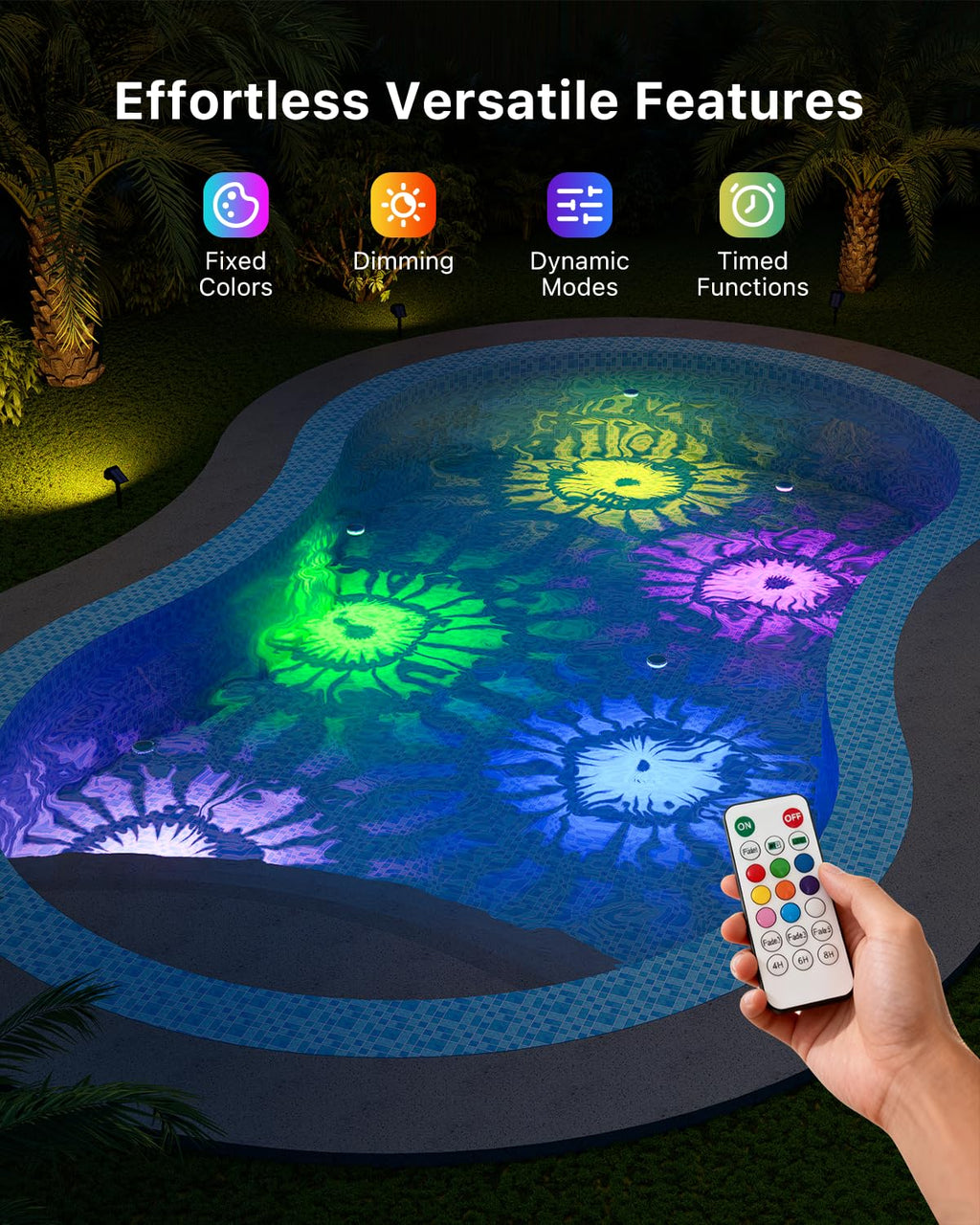 4 Pack Solar Floating RGB Pool Lights with Remote Waterproof for Underwater Vibrant Patterns Lighting, Auto-on Disco Glow in Pool for Party, Works in Outside In-ground Pools, Hot Tubs, Garden Ponds