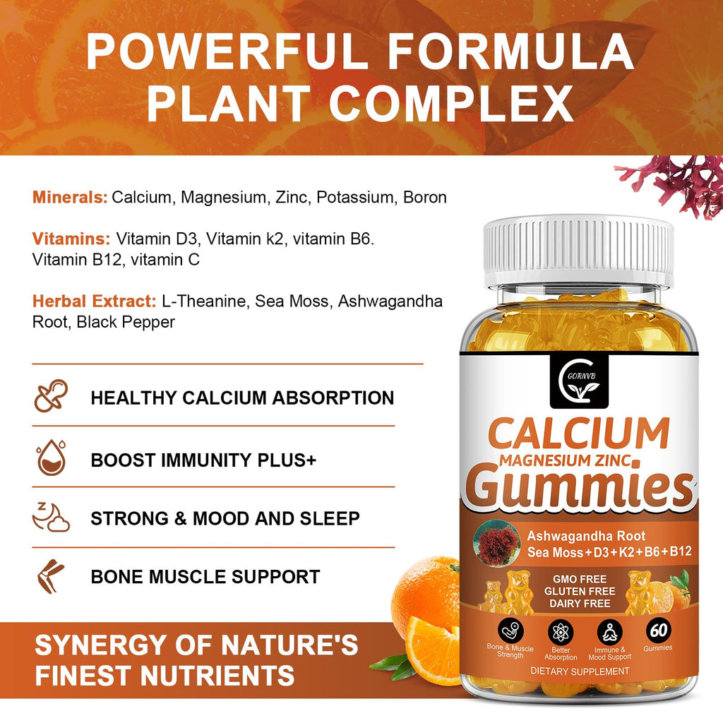 1200mg Calcium Gummies with Vitamin D3,K2,B12 & B6 - Plant Complex Calcium Magnesium Supplement with Glycinate,Potassium,Sea Moss,Ashwagandha Root for Bone & Teeth Strength, Muscle & Immune-2 Pack