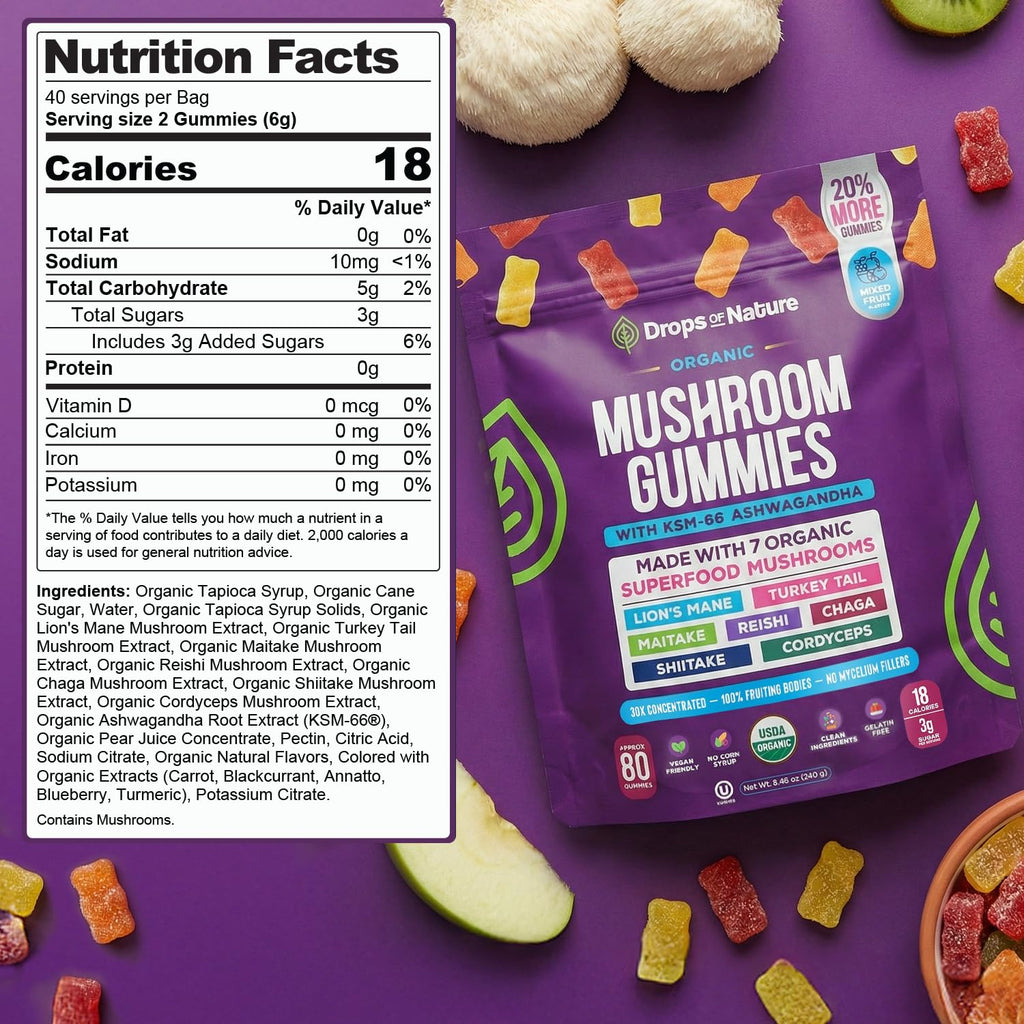 Drops Of Nature Ashwagandha Gummies & Lions Mane Mushroom Supplement – Turkey Tail, Maitake, Reishi, Chaga, Shiitake, Cordyceps – Organic & Low Carb Mushroom Gummies – Immune Wellness (80 Gummy Bears)