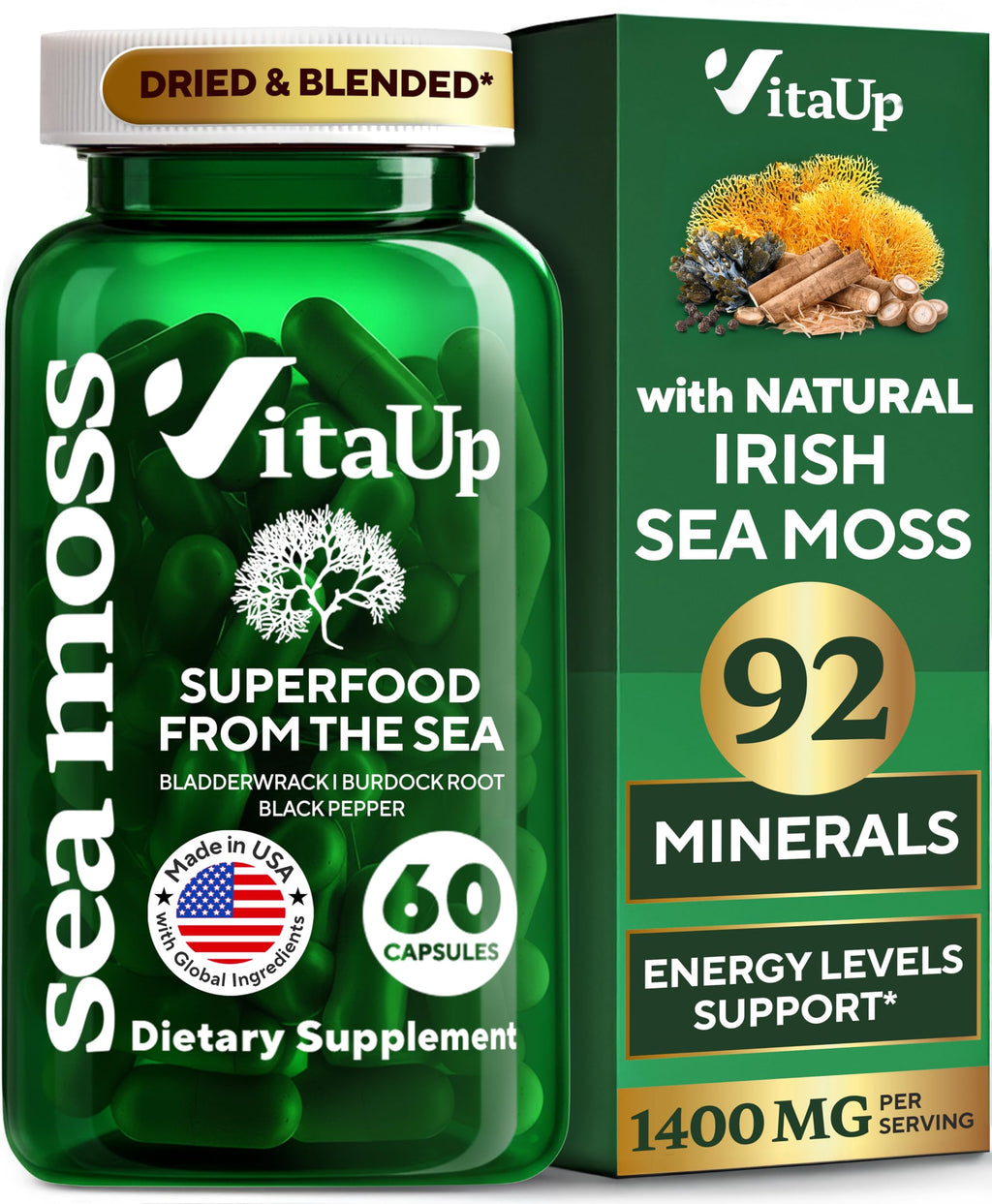 VitaUp Wildcrafted Irish Sea Moss Capsules with Burdock Root & Bladderwrack - USA Made Sea Moss Advanced for Hair, Skin, Immune & Energy Levels Support - SeaMoss Pills - 60 Vegan Capsules
