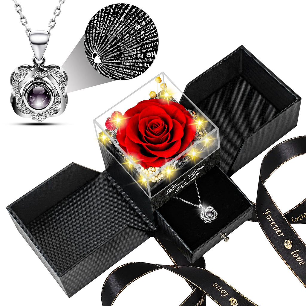Lebana Preserved Red Real Rose with Heart I Love You Necklace -Mothers Day Gifts for Mom Her Wife Girlfriend Grandma on Valentines Mothers Day Christmas Birthday Anniversary Romantic-Red