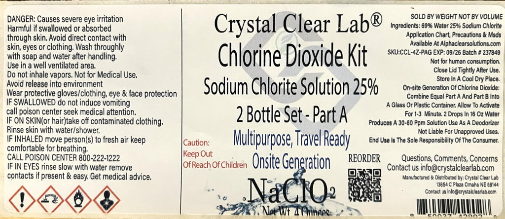 Crystal Clear Lab Chlorine Dioxide -Pure CDS Set Single-Drop Bottles HCL Extra Large 8 fl oz Liquid Kit