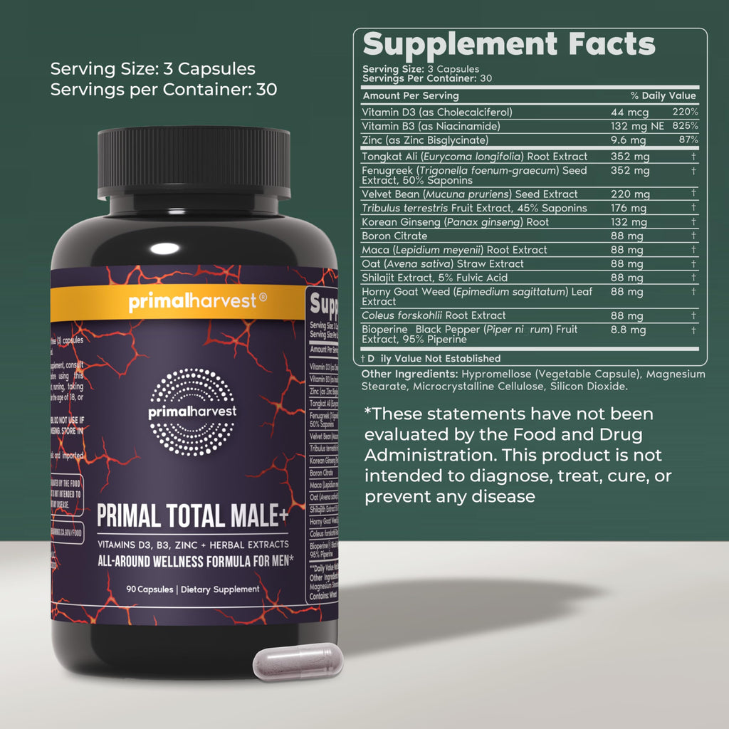 Primal Harvest Total Male+ Multivitamin for Men with Essential Vitamins, Minerals and Herbal Support for Energy, Vitality, Immune Health and Performance