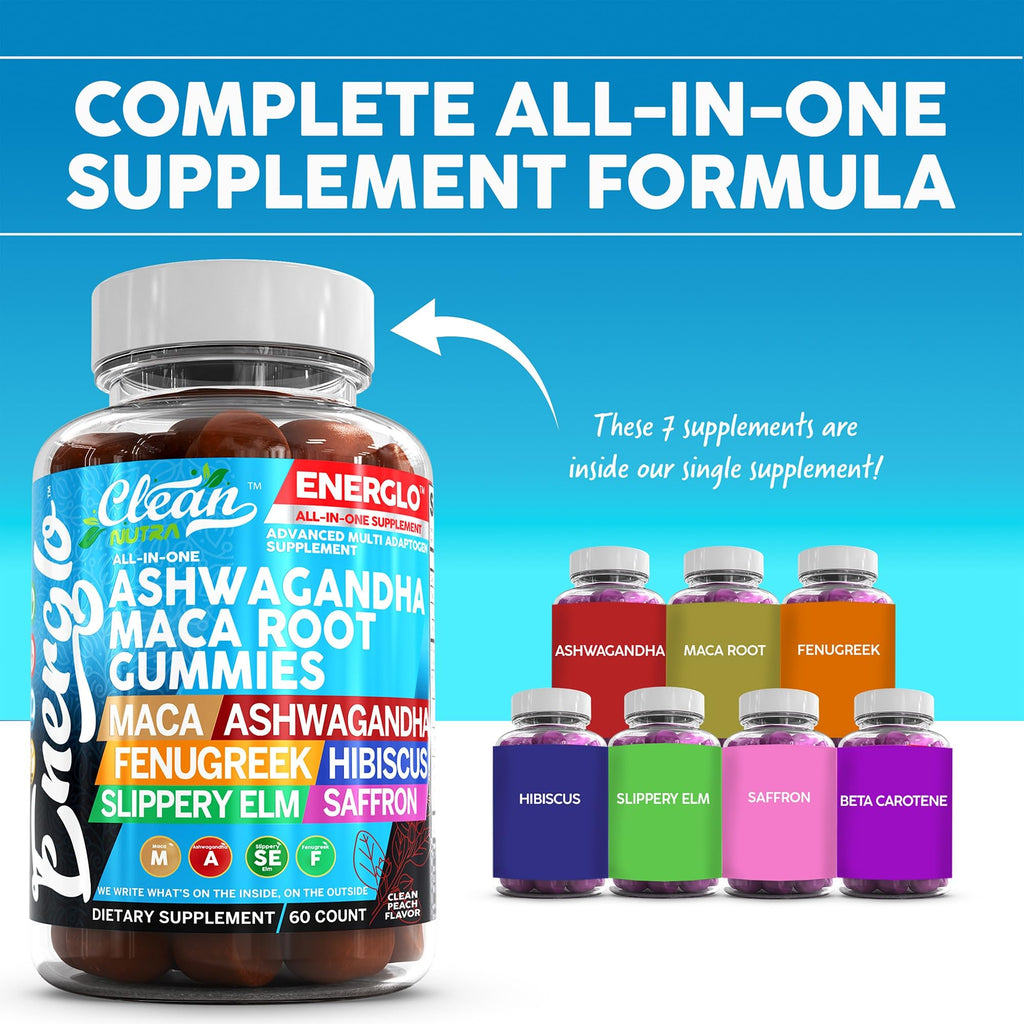 Ashwagandha Maca Root Gummies with Fenugreek Hibiscus Slippery Elm Saffron Extract & Beta Carotene | Peach Flavor Vegan Gummy Vitamins Adaptogen Cortisol Supplement Energlo by Clean Nutra (2)