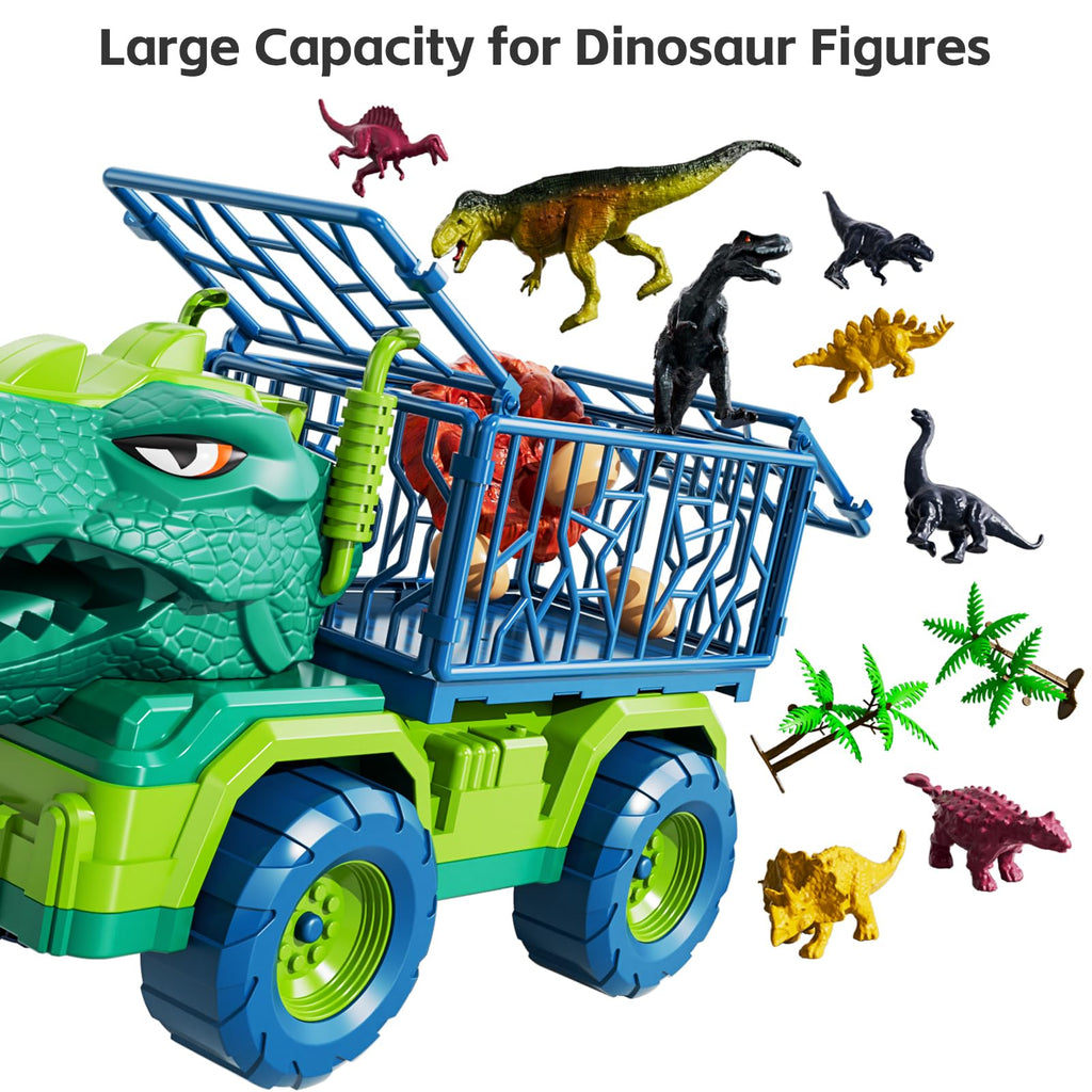TEMI Dinosaur Truck Toys for Kids 3-5 Years, Tyrannosaurus Transport Car Carrier Truck with 8 Dinosaur Figures, Activity Play Mat, Dinosaur Eggs, Trees, Capture Jurassic Play Set for Boys and Girls
