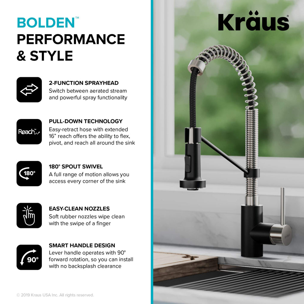 KRAUS Bolden Commercial Style 2-Function Single Handle Pull Down Kitchen Faucet in Stainless Steel/Matte Black, KPF-1610SSMB (Pack of 1)