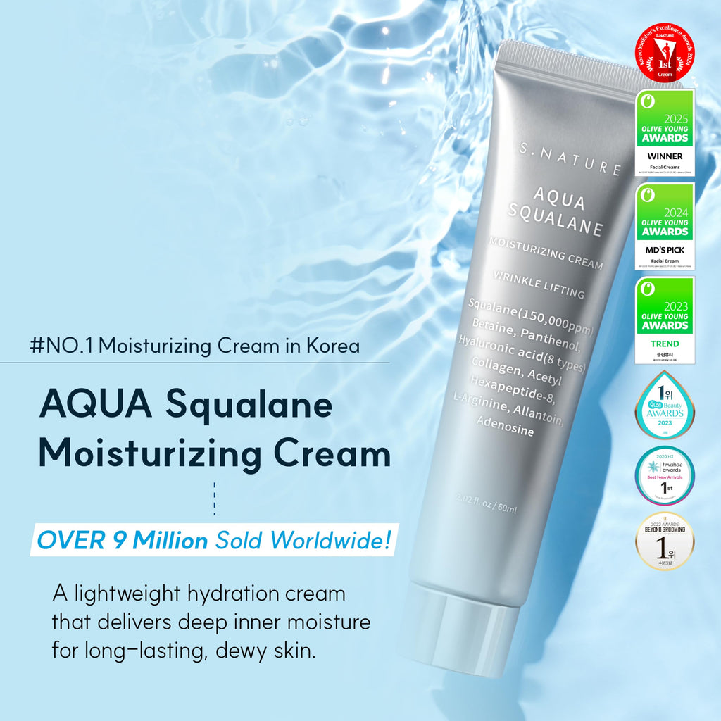 S. Nature AQUA SQUALANE MOISTURIZING CREAM | Face Moisturizer for Dry and Sensitive Skin, Vegetable Squalane 150,00ppm, Long-lasting Hydration, Pore Care Cream, Korean Skin Care (2.02 Fl Oz, 60ml)