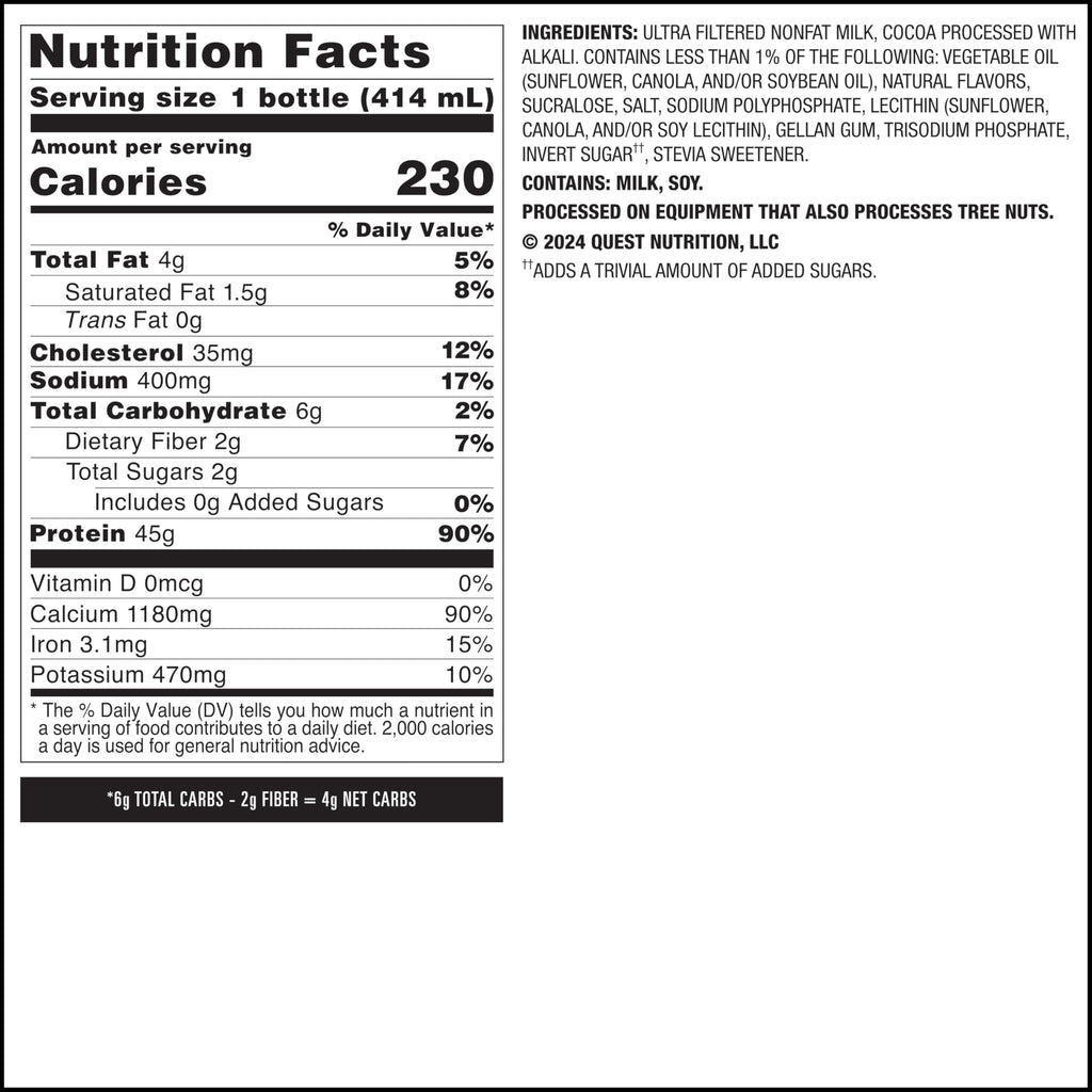 Quest Nutrition Chocolate Protein Shake, 45g Protein, 2g Sugar, 4g Net Carbs, Ready to Drink, Gluten Free, 12 Count