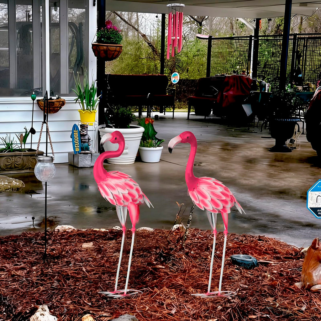 SUNREEK Set of 2 Pink Flamingo Outdoor Statues, Metal Yard Flamingo for Garden Patio Lawn Backyard Decorations