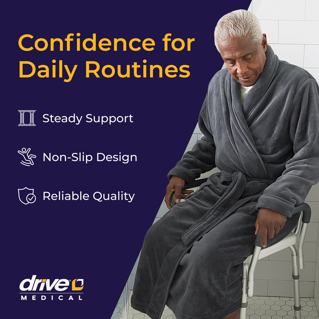 Drive Medical Shower Chair with Back & Padded Arms - Adjustable Height Bath Seat for Safety & Comfort - Lightweight Aluminum Construction- 350 Lb Capacity - White