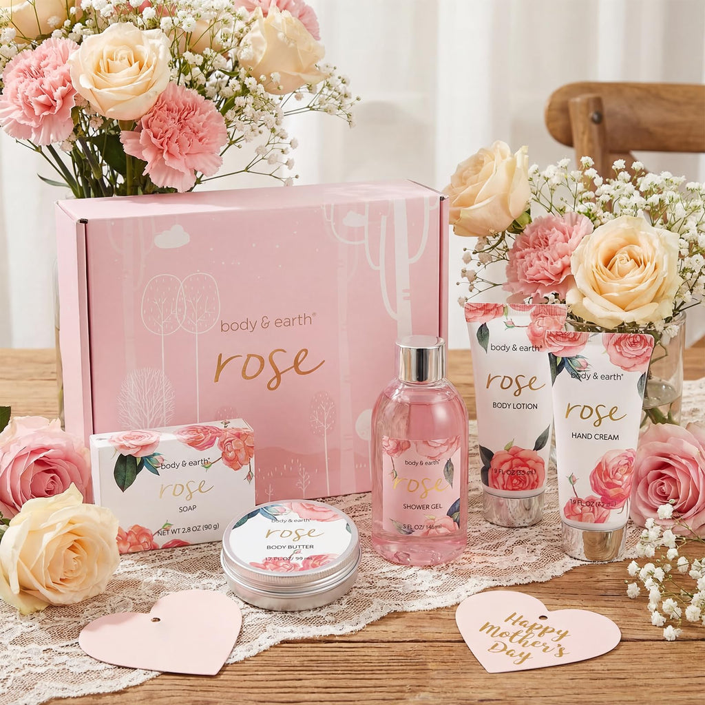 BODY & EARTH Spa Gift Set for Women - Luxurious 5 Pcs Bath and Body Box, Rose Scent, Includes Body Wash, Body Butter, Body Lotion and More, Birthday Christmas Gifts for Mom Self Care Kit for Her